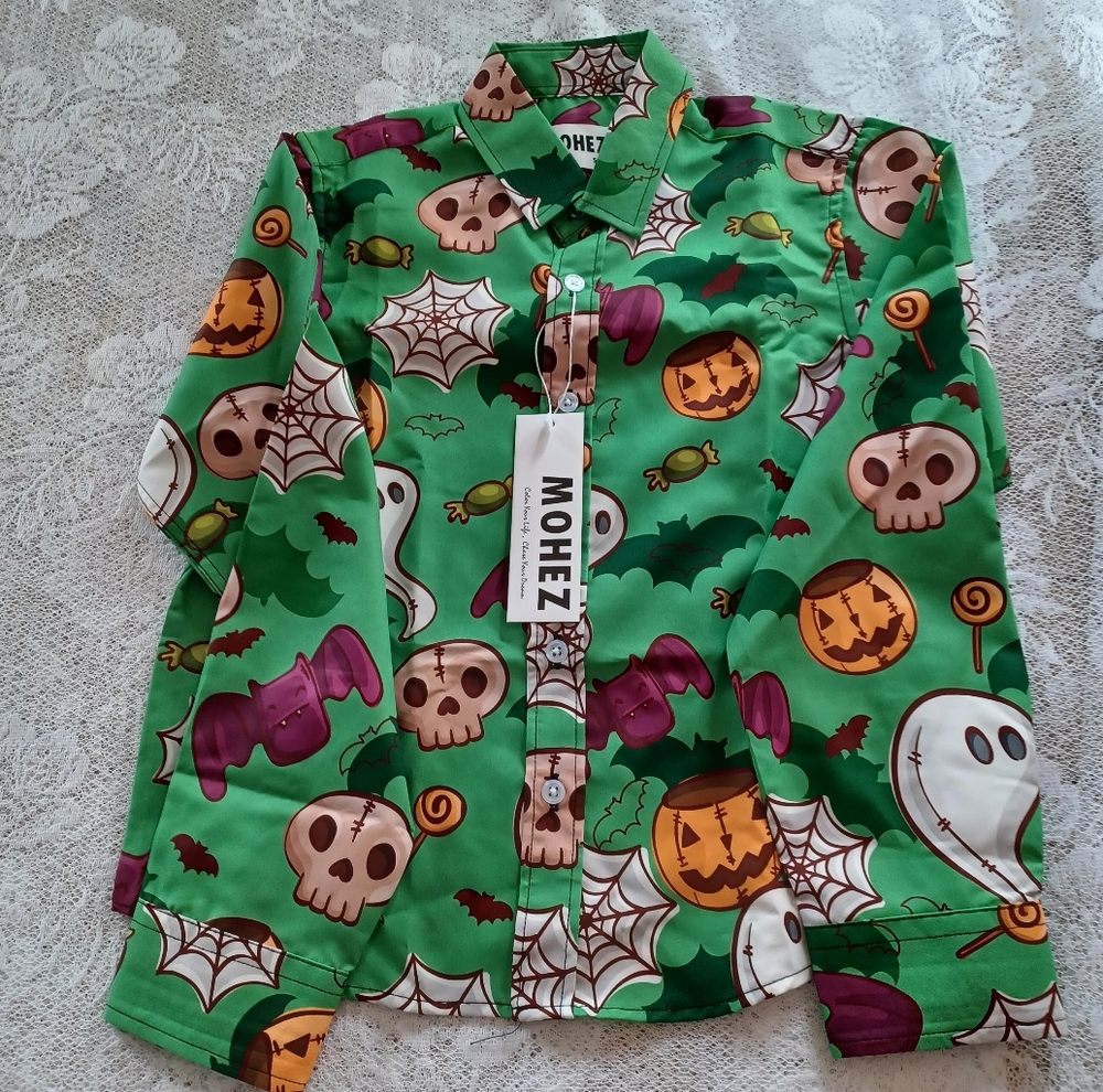 NEW 5-6Y BOY'S MOHEZ BUTTON-UP NOVELTY PRINTED HALLOWEEN LONG-SLEEVE SHIRT